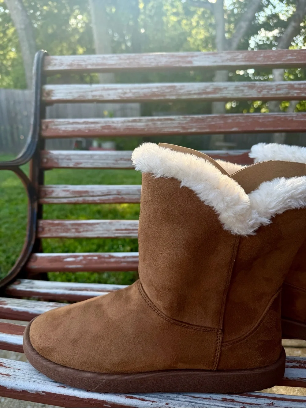 Women’s Brown Faux-Suede Winter Boots with White Faux-Fur Cuff